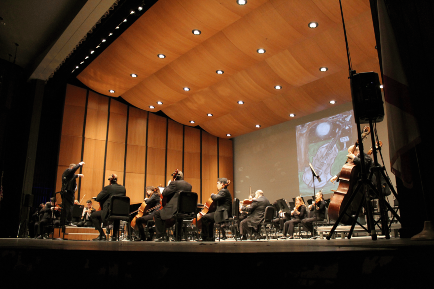 Audience view of an Orchestra playing on stage