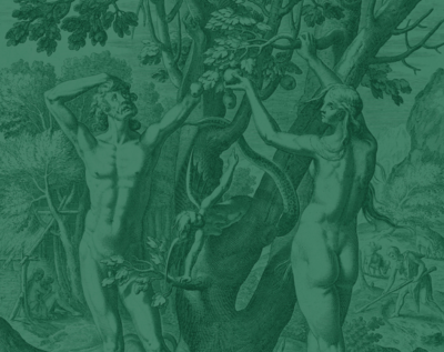 Green tinted illustrative image of Adam and Eve picking apples from a tree